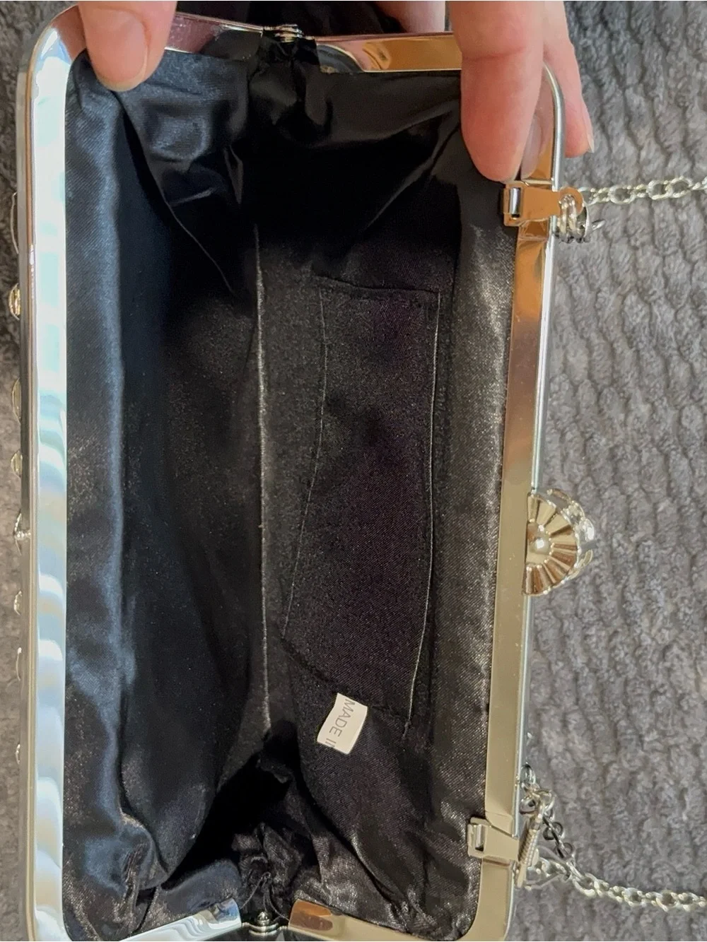 Black Ruched Evening Clutch with Silver Chain